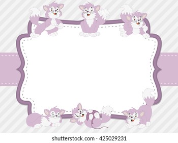 Pink card with a cartoon purple kitten. Cute playful cat.
