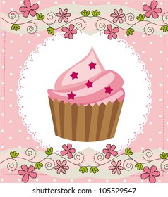 pink card with cup cake background. vector illustration