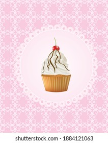 Pink card with cupcake, vector