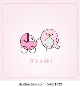 Pink card design with bird pushing a bird baby girl in a stroller