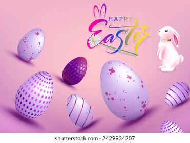 Tarjeta rosa con huevos de Pascua, conejito lindo aislado.
