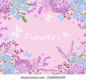Pink card with flowers. Vector illustration