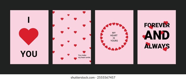 Pink Valentine’s card set: minimalist vector designs for love and romance.