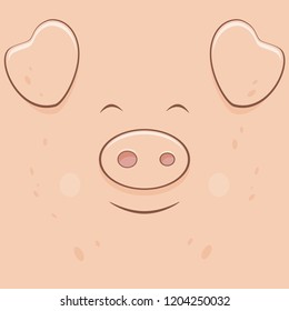 Pink card with smiling pig for chinese New Year, illustration.