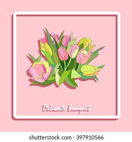 Pink card with spring flowers on a pink background. Tulips in a bouquet with the shadows. Vintage composition with tulips tender for the invitation cards and greetings. The symbol spring, vector icon.
