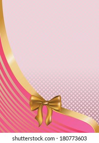 Pink card template with golden ribbon and bow.