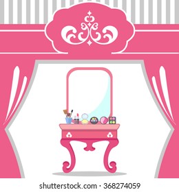 pink card or template of sweet dressing table,cosmetics,curtain with crown