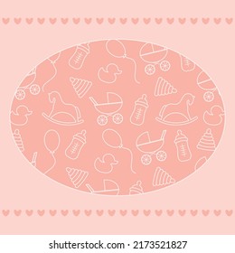 pink card with toys line contoured and little hearts border