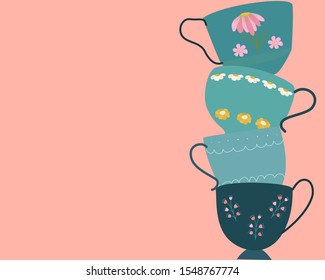 Pink card with vertical border of retro tea cups with floral decor. Flat cartoon style. Vector Illustration.