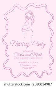 A pink card with a woman on it that says Nesting Party. The woman is pregnant and the card is for a baby shower