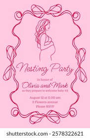 A pink card with a woman on it and the words Nesting Party invite. The woman is pregnant and the card is for a baby shower