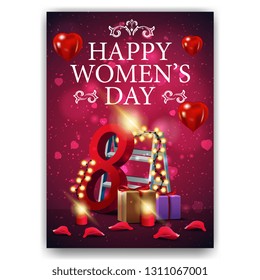 Pink card for women's day with gifts and garland