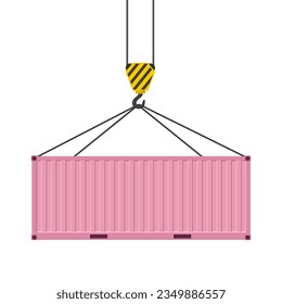 Pink cargo container hanging on a crane hook. Crane hook. Vector illustration isolated on a white background.	
