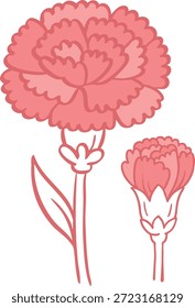 Rosa Nelkenblume, Vektorgrafik. Einfaches handgezeichnetes Blumendesign für Grußkarte.