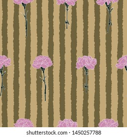 Pink carnations on a gold striped background seamless pattern