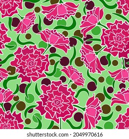 Pink carnations on textured background. Seamless floral pattern, vector.