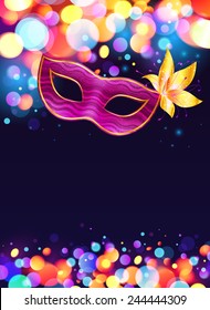 Pink carnival mask and bokeh lights dark blue vector poster background