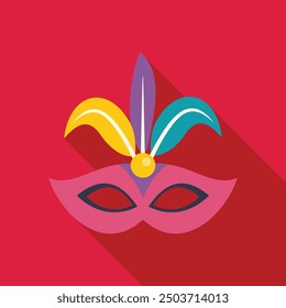 Pink carnival mask with colorful feathers on red background with long shadow, great design for any purposes