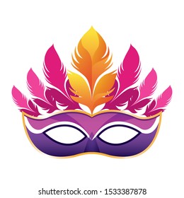 pink carnival mask with feathers over white background, vector illustration
