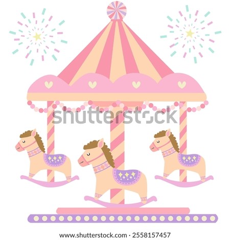 Pink Carousel with fireworks icon..Circus style. Little Rocking horse of element . Vector.