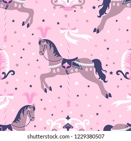 Pink carousel horse or pony seamless ornament pattern decorated with stars, ribbons. Vector illustration can be used for textile, wallpaper, wrapping paper, greeting card backdrop, phone case print.