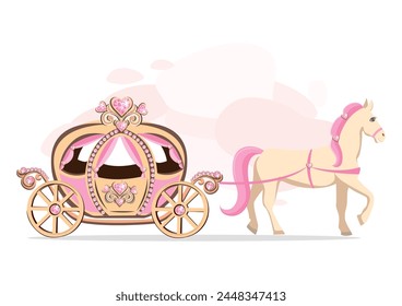 A pink carriage decorated with heart-shaped jewels and drawn by a white horse with a pink mane. Fairy tale vector illustration on abstract pink background.