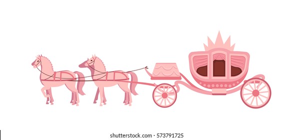 Pink carriage drawn by four horses on white background. Vector flat illustration.