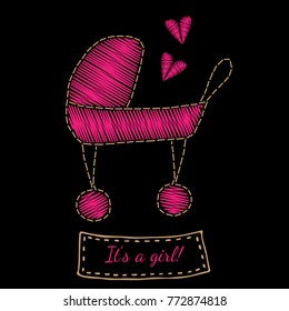 Pink carriage embroidery stitches imitation on the black background. Fashion shower party girl embroidery.