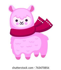Pink cartoon alpaca with scarf. Vector illustration.