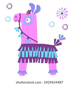 pink cartoon animal pinata isolated on white background. Vector illustration of colorful paper accessories in shape of lama, for traditional mexican party