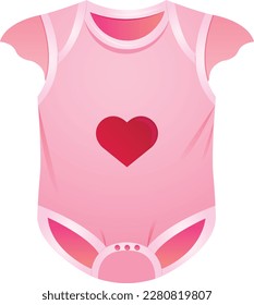 Pink cartoon baby girl bodysuit with a heart. Baby clothes store, newborn, childbirth, baby care, babyhood, childhood concept, gender reveal. Isolated vector illustration.