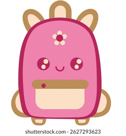 Pink cartoon backpack character with flower detail, designed in kawaii style, ideal for children education or playful school-themed materials.