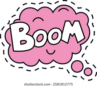 Pink cartoon boom explosion with smiling face and dotted line contour, representing a fun and lighthearted explosion sound effect, perfect for comics, animations, or children s designs