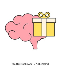 A pink cartoon brain is shown with a yellow gift box containing a white ribbon. The image is a simple drawing on a white background.