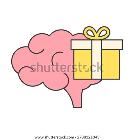 A pink cartoon brain is shown with a yellow gift box containing a white ribbon. The image is a simple drawing on a white background.