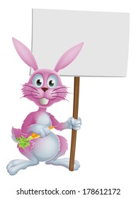 Pink cartoon bunny rabbit holding a carrot and billboard and sign