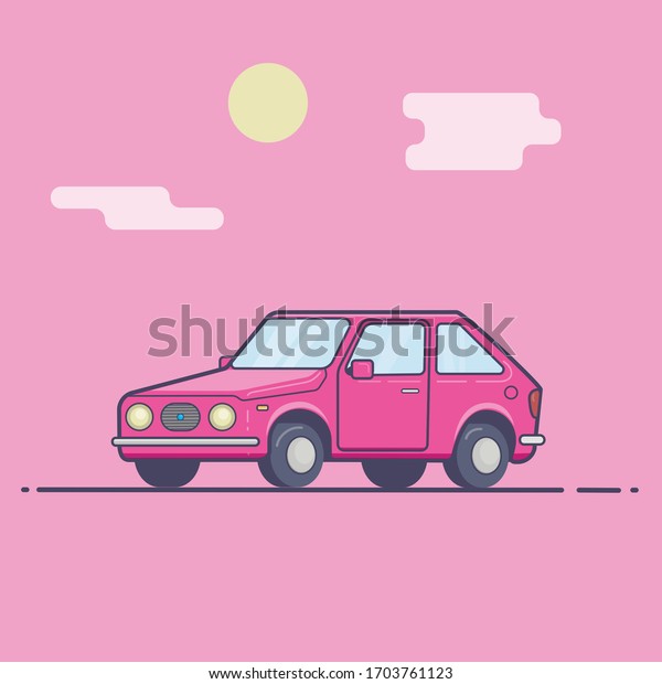 Pink cartoon car\
on the background of\
nature.