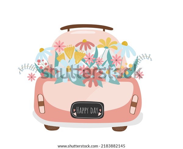 Pink cartoon car vector drawing with summer\
spring flower bouquet on white background. Cute vehicle with floral\
blossom decoration