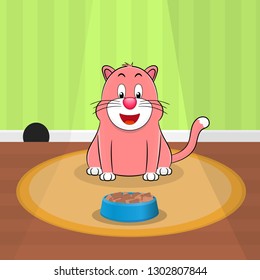Pink cartoon cat with a bowl of cat food. Vector. EPS10.