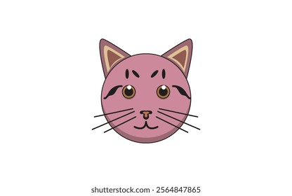 Pink cartoon cat face with expressive eyes, dark markings, and a simple minimal style. Isolated on a white background for creative and decorative use