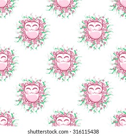Pink cartoon cat.Cat with pink flowers Seamless pattern background.