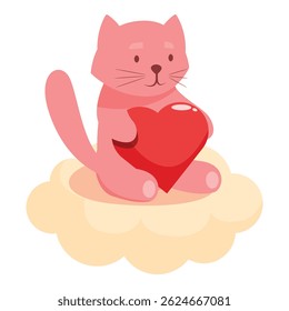 Pink cartoon cat holding a red heart while sitting on a cloud