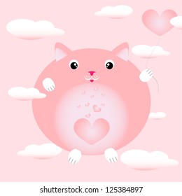 pink cartoon cat in love flying in the clouds on the heart-balloon vector