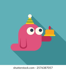 Pink cartoon character wearing party hat holding birthday cake with candle celebrating anniversary 