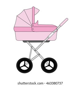 Pink cartoon children's stroller for a newborn baby girl.