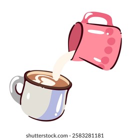 Pink cartoon creamer pouring cream and making latte or cappuccino art coffee. Funny splash from milk jug makes decoration on surface of coffee in cartoon cup. Barista skill mascot vector illustration