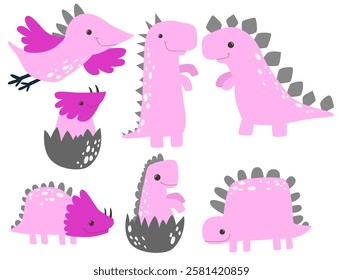 Pink cartoon dinosaur. Dino monster cartoon  girl childish vector illustration. Funny art. Ancient animals. Newborn set