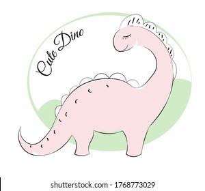 pink cartoon dinosaur Diplodocus, Picture in hand drawing cartoon style, for t-shirt wear fashion print design, greeting card, postcard. baby shower. party invitation.