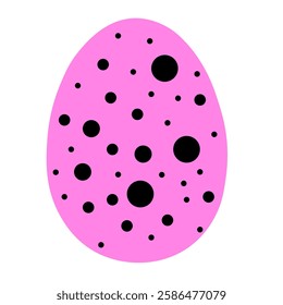 Pink cartoon dinosaur egg with black circles. Children's illustration. Bright element for  cheerful and joyful mood. One icon isolated on  white background.