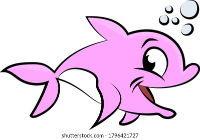 Pink cartoon dolphin swimming underwater vector illustration for children